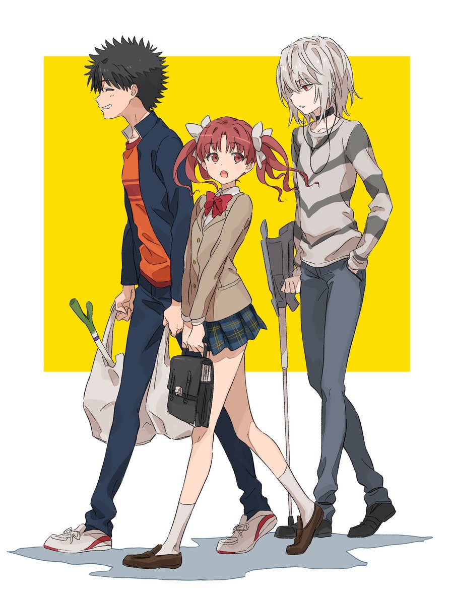 accelerator (toaru majutsu no index) ,kamijou touma ,shirai kuroko 2boys multiple boys school uniform a certain high school uniform twintails jacket walking  illustration images