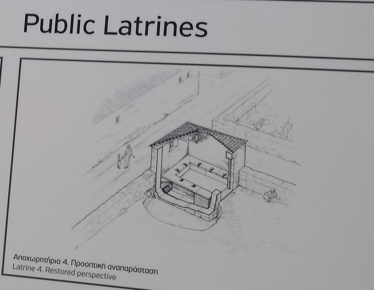 While we’re missing the cramped group toilet seat famous from other Roman latrines, a set of public latrines is identified from the dense layout of drains near the entrance. It’s like the andron above: the drains along the walls show where the toilet seats would’ve gone/15