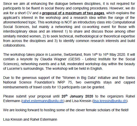 Dear #soctwitter #AcademicTwitter, my colleague <a href="/rahel_estermann/">Rahel Estermann</a> and I are organizing a net- and co-working event for "Women in Computational Social Science", 14th-16th May 2020, taking place in Lucerne, Switzerland.
