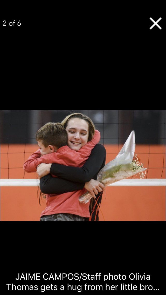 Olivia’s senior day. As we walked on to the court Emmit ran and jumped up to give her a huge hug. Thank you Salem News for capturing this moment so well.