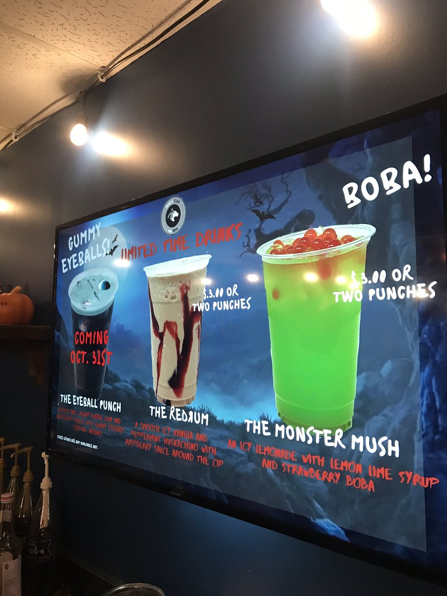 NNHSLC's tweet photo. BOO! It’s starting to look like Halloween in the Learning Commons! Come grab a limited-time spooky beverage in the Half Caf 👻🤡👹😈👾🎃 #halloween2019 #spookyseason #coffee #scary #learningcommonsfun https://t.co/ie7MeiZOEM