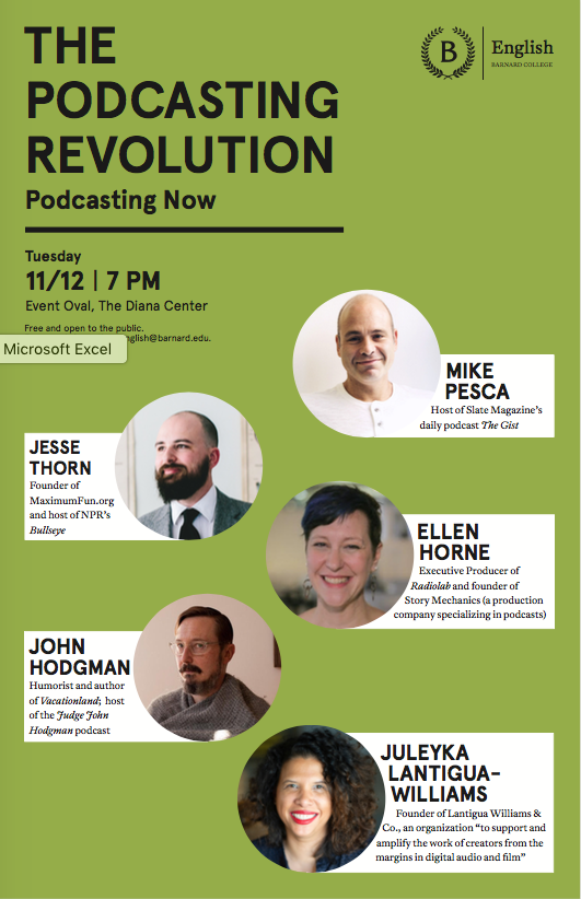 jkassanoff's tweet photo. Coming soon to @BarnardCollege: "Podcasting Now" - a Podcasting Revolution panel at 7 PM on 11/12 in the Diana Oval. Free and open to the public. Come hear @ramenshopradio, @hodgman, @JuleykaLantigua, @pescami and @JesseThorn.  cc: @columbiajourn, @70MillionPod, @MaxFunNYC https://t.co/r3naAgYzjK