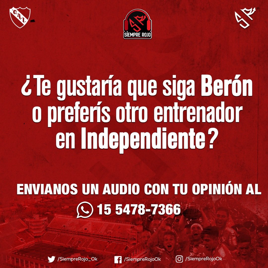 siemprerojo_ok's tweet photo. ¡Palpitamos el programa de esta noche con la #ConsignaSR!
¿Te gustaría que siga Fernando Berón o preferís a otro entrenador en #Independiente?
A partir de las 21, prendete a #SiempreRojo por Radio FMQ 93.5. ¡No te lo podés perder! 👹 https://t.co/izLxhz9R7A
