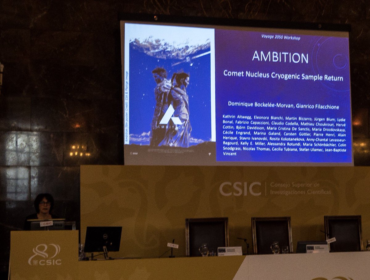 Sorry, <a href="/LeighFletcher/">Leigh Fletcher</a>: I now have a new favourite at #Voyage2050 🤷‍♂️

Dominique Bocklée-Morvan describing the proposed "Ambition" comet sample return mission. 

Our iconic sci-fi film about #Rosetta turned back into science – perfect cosmic recycling 👍

/cc <a href="/AmbitionTheFilm/">Ambition</a>