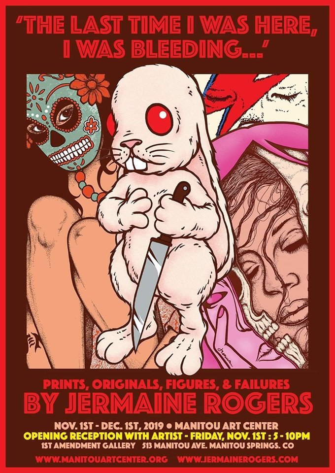 THIS FRIDAY! <a href="/Jermainerogers/">Jermaine Rogers</a> The Last Time I Was Here, I Was Bleeding. Learn more: bit.ly/34d1jkM 
<a href="/weeninfo/">Ween</a> #jermainerogers #jermainerogersart #poster #posterart #vinyl #vinyltoys #vinylfigure #rockart #art #screenprint #gigposters #prints #designervinyl #arttoy