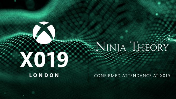 The X019 and Ninja Theory logos are placed side by side on a green and black textured background. Text Reads: X019 London. Ninja Theory. Confirmed Studio.