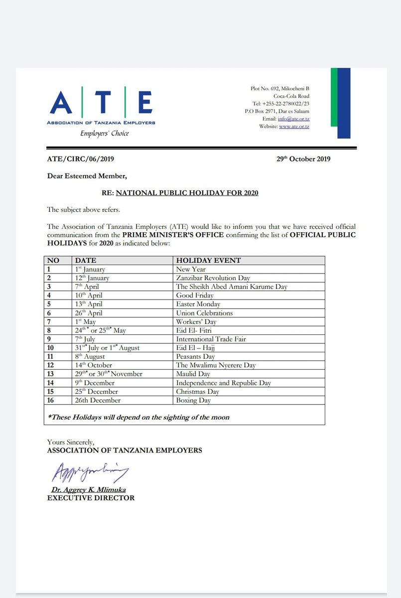 dr_mlimuka's tweet photo. @ATE_Tanzania Circular on Public Holiday Calender for 2020  
@ATE_Tanzania @GlobalCompactTZ @ILO_EASTAFRICA @GanTanzania @PeterYunge https://t.co/ALoUKVABua