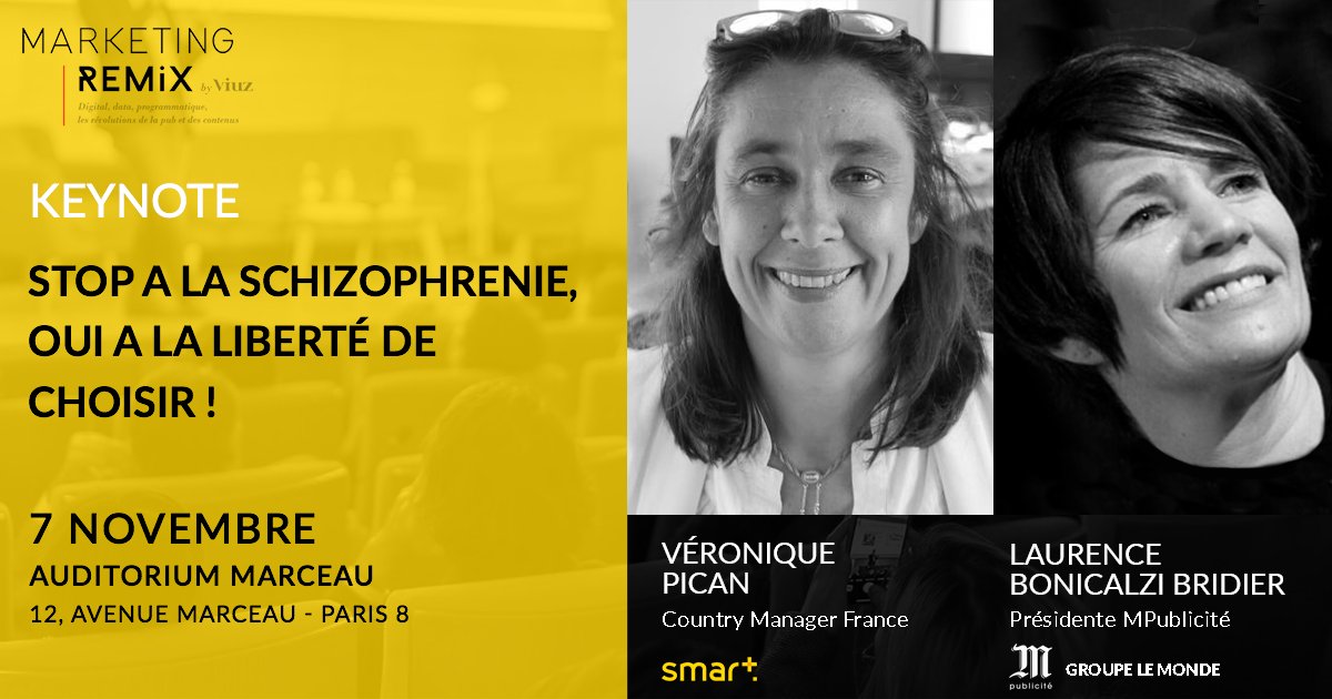 Notre Country Manager FR Veronique Pican participera à une #Keynote lors du #MarketingRemix2019 aux côtés de Laurence Bonicalzi Bridier, Présidente de MP Publicité. RDV le 7 novembre à partir de 10h30 à l'auditorium Marceau !

#adtech #marketingremix #marketing #paris