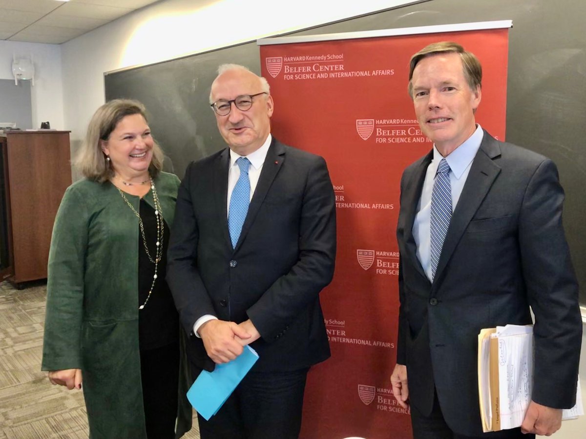 FranceinBoston's tweet photo. An inspiring exchange of views on our Atlantic Alliance @Harvard @Kennedy_School with Amb. @Ph_Etienne &amp; Victoria Nuland moderated by @RNicholasBurns. In presence of @sigmargabriel &amp; Atlantik-Brücke, a truly 🇫🇷🇪🇺🇺🇸 discussion on the different priorities &amp; challenges of Europe &amp;US https://t.co/zqlI8p8BQN