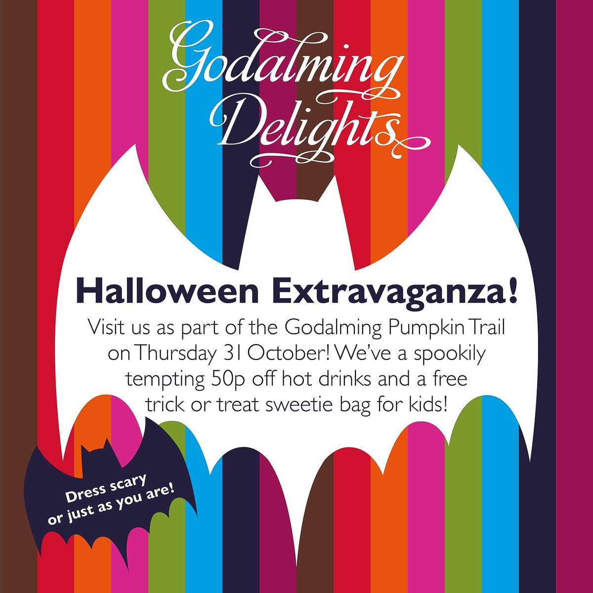 GodalmingDelig1's tweet photo. Here's a great event to add to your half-term to-do list: The Party Company's Halloween Extravaganza! We are very excited to be taking part in the pumpkin trail and will be giving out free sweeties to the kids and discounted hot drinks for the adults. 🎃👻 https://t.co/xNyUpudO6X https://t.co/GiYBFNdeBd