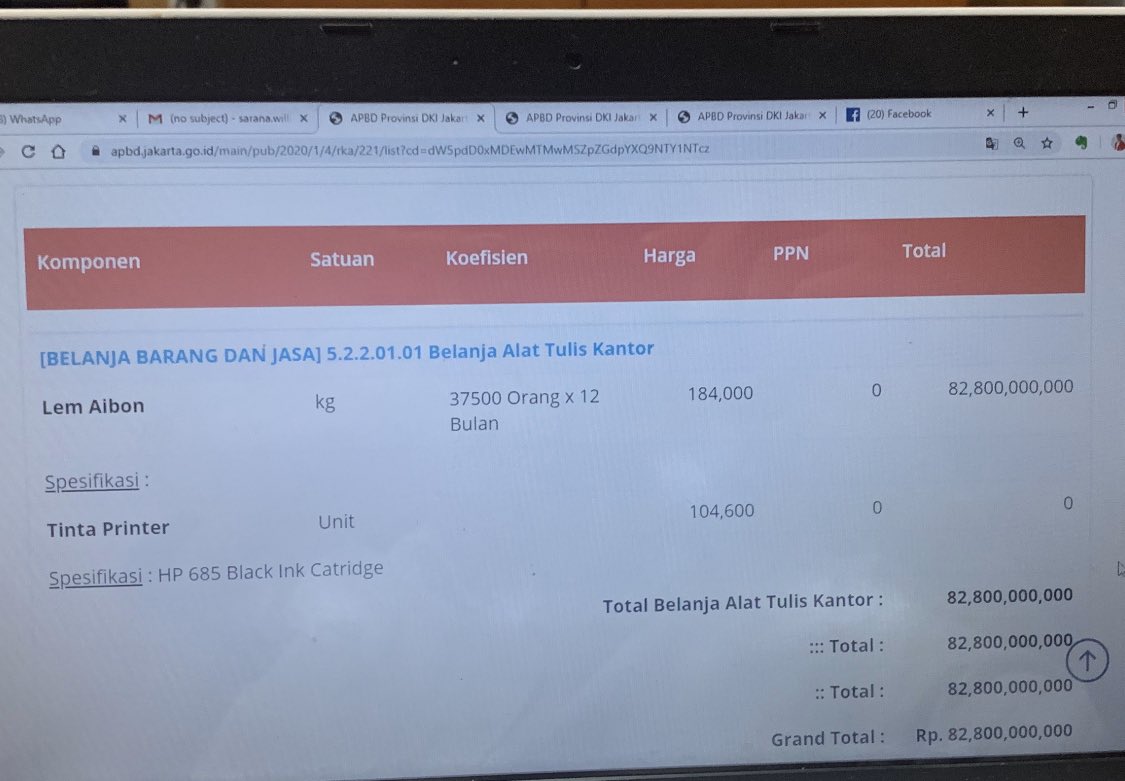 Ditemukan anggaran aneh pembelian lem aibon 82 milliar lebih oleh Dinas Pendidikan. 

Ternyata Dinas Pendidikan mensuplai 2 kaleng lem Aibon per murid setiap bulanya. 

Buat apa? 

apbd.jakarta.go.id/main/pub/2020/…

Kalau banyak yang RT besok pagi saya akan buka-bukaan soal anggaran DKI