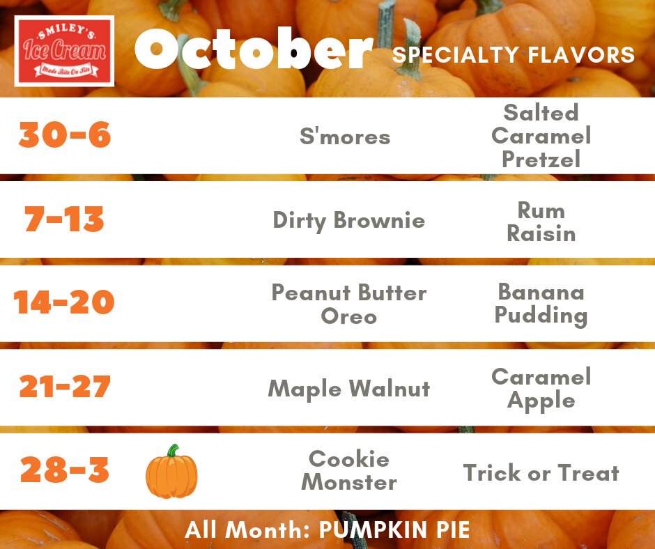 It's the last week of October, which means the last week for Pumpkin Pie! In honor of Halloween, Smiley's Ice Cream will also have Cookie Monster and Trick or Treat.