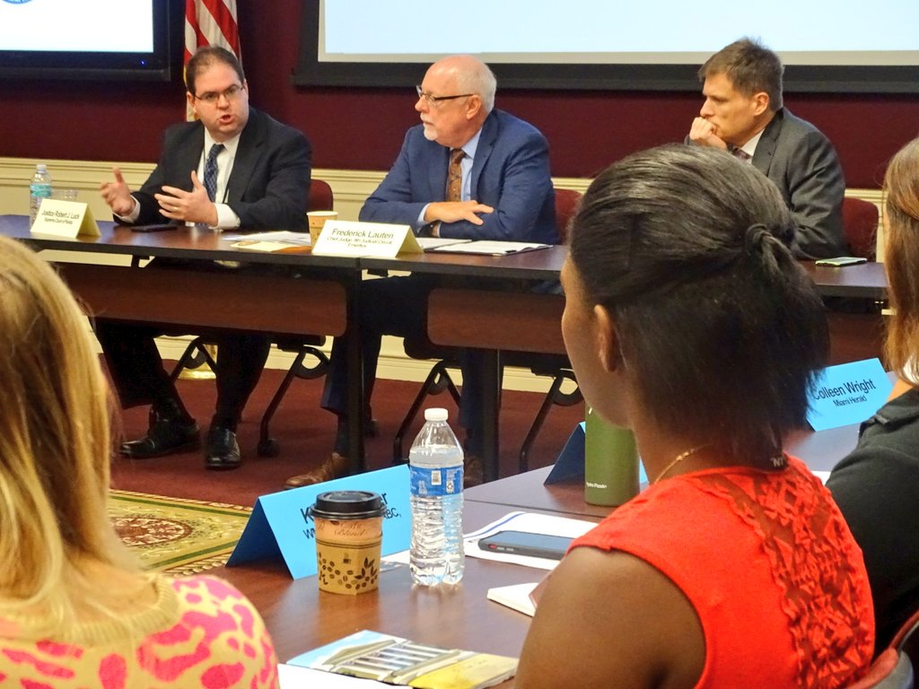 TheFlaBar's tweet photo. Annnnnd ... we're BACK!
Day 2 of the 2019 Reporters' Workshop is underway at @flcourts!
We begin with the first session: "Meet The Justices."
Panelists (from L):
#SCOFL Justice Robert J. Luck
Frederick Lauten, Chief @NinthCircuitFL
#SCOFL Justice Carlos G. Muniz
#TFBRW2019 https://t.co/xonV1K130R