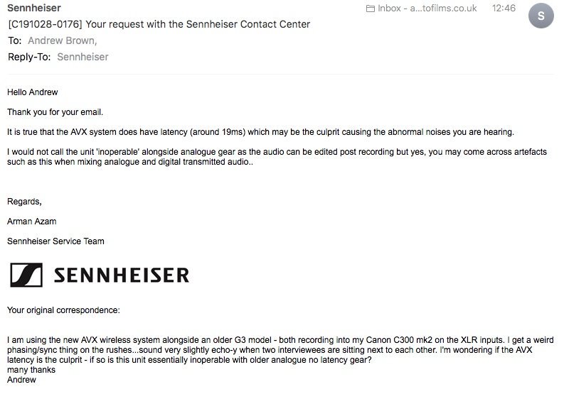 defacto101's tweet photo. @TheNewsshooter Sennhesier AVX is not compatible with analogue G3/4s as a two mic setup https://t.co/twgXoOGxXE