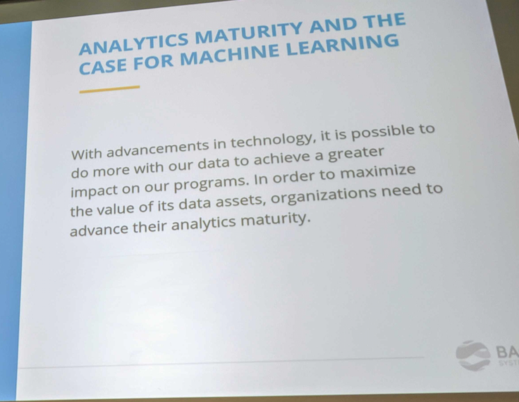 BAOSystems's tweet photo. Using lessons learned from supporting @PEPFAR  @BAOSystems talks about how machine learning can have a profound impact on advancing analytics to achieve greater impact with limited resources. #GDDSummit #MachineLearning https://t.co/PJxsIH928A