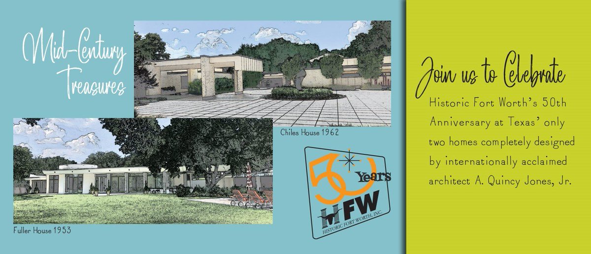 HistoricFW's tweet photo. Join us to Celebrate Historic Fort Worth's 50th Anniversary at Texas' only two homes completely designed by internationally acclaimed architect A. Quincy Jones, Jr.  For more info click link below. #fortworth #midcentury #historicarchitecture #celebration
https://t.co/BbK7qGgkwQ https://t.co/kEWa0AQ6Kb