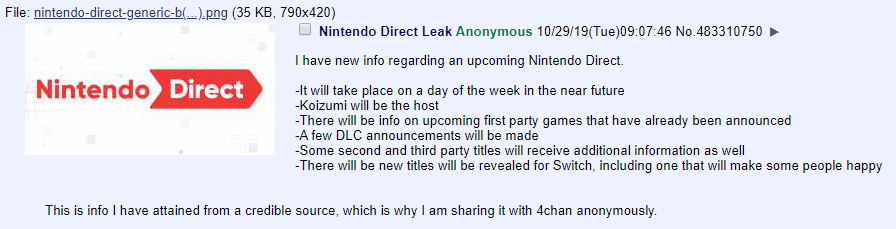 Ultima on X: Check out this Nintendo Direct leak! It's clearly believable  because someone anonymously posted it on 4chan.  / X