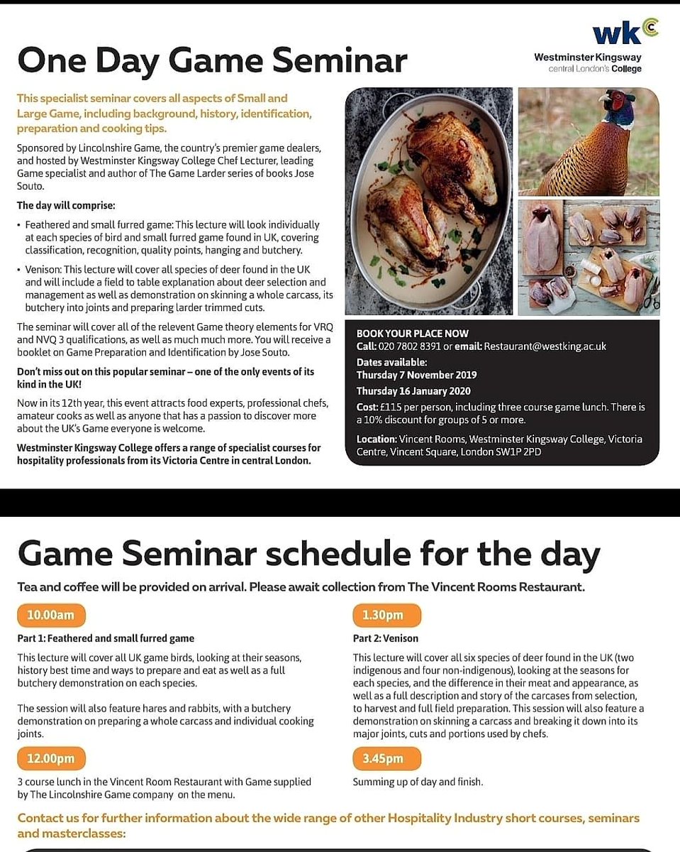 wildfoodboy's tweet photo. Want to know how to get the best out of your Game &amp; Venison? Book onto last few places on the Game Seminar here @Westking with me next week 7th Nov the full days lecture is not just for chefs it's for everyone that has a love of game.  Includes lunch and a game prep booklet. https://t.co/lnHYzSsF9Y