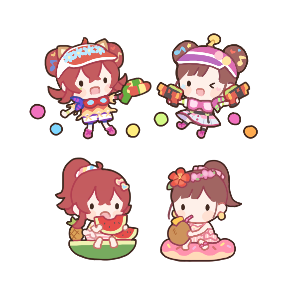 komiya kaho ,sonoda chiyoko multiple girls double bun hair bun water gun food chibi 4girls  illustration images