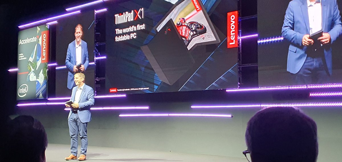 PhilipOldham's tweet photo. Anyone prepared to stand on your laptop? @LenovoBusiness WW Marketing VP David Rabin announces the world's first folding PC whilst standing on his!! #lenovoaccelerate19   #smartertechnologyforall #thinkpad https://t.co/XBJNLj5NRW