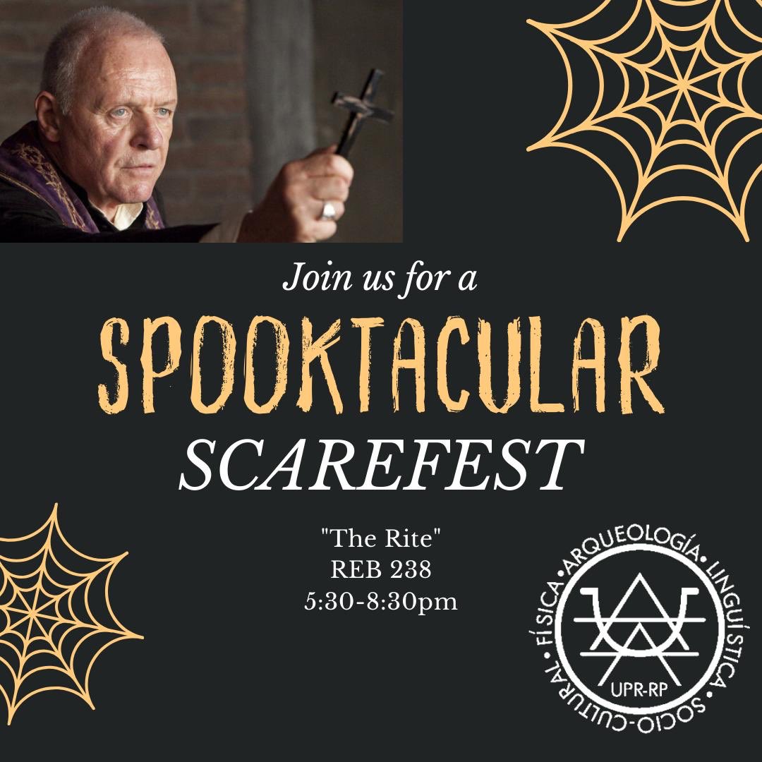 Ven y disfruta de un análisis antropológico dado por la Prof. Chiclana. Se estará analizando la película “The Rite” con sus aspectos religiosos y problematizandolo. La profesora es una que toca temas multidisciplinarios dentro de la antropología.  ¡No te lo pierdas!