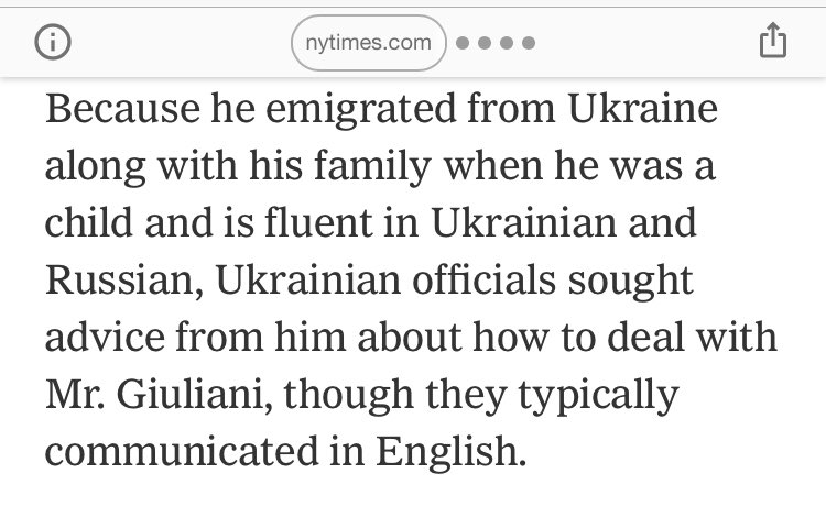 NYT on Vindman: "Because he emigrated from Ukraine along with his family when he was a child and is fluent in Ukrainian and Russian, Ukrainian officials sought advice from him about how to deal with Mr. Giuliani, though they typically communicated in English."