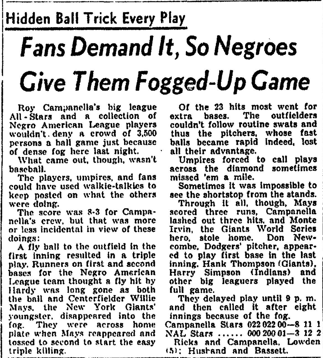 ArkBaseball's tweet photo. On an eerie night in Little Rock sixty-eight years ago today, the Roy Campanella All-Stars played a "fogged-up" exhibition game in front of 3,500 at Travelers Field, featuring a triple-play by 20-year old Willie Mays in center field. Read the wacky reports of the game below. https://t.co/6eZd9ST5Q0