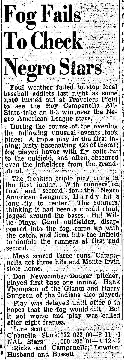 ArkBaseball's tweet photo. On an eerie night in Little Rock sixty-eight years ago today, the Roy Campanella All-Stars played a "fogged-up" exhibition game in front of 3,500 at Travelers Field, featuring a triple-play by 20-year old Willie Mays in center field. Read the wacky reports of the game below. https://t.co/6eZd9ST5Q0