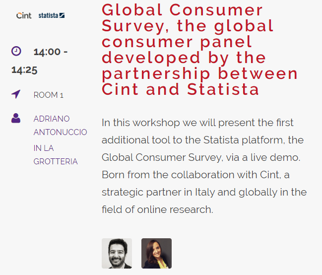 CintGroup's tweet photo. There's still time to join our workshop as we learn about the @StatistaCharts platform! Join us in Room 1 at 14:00 as Adriano Antonuccio & our own Nella La Grotteria lead the way for new #ricerchedimercato #insights. #MR #MRX #newmr #MRF19 @assirmricerca @p2sample https://t.co/dwuxZb606i