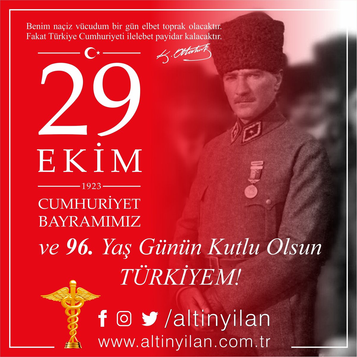 Benim naçiz vücudum elbet bir gün toprak olacaktır. Fakat Türkiye Cumhuriyeti ilelebet Payidar kalacaktır. 
Gazi Mustafa Kemal Atatürk
•
Cumhuriyetimizin kuruluşunun 96. yıl dönümü olan, Cumhuriyet Bayramımız kutlu olsun.
#CumhuriyetBayrami #kutluolsun #İzmir #İstanbul #Ankara