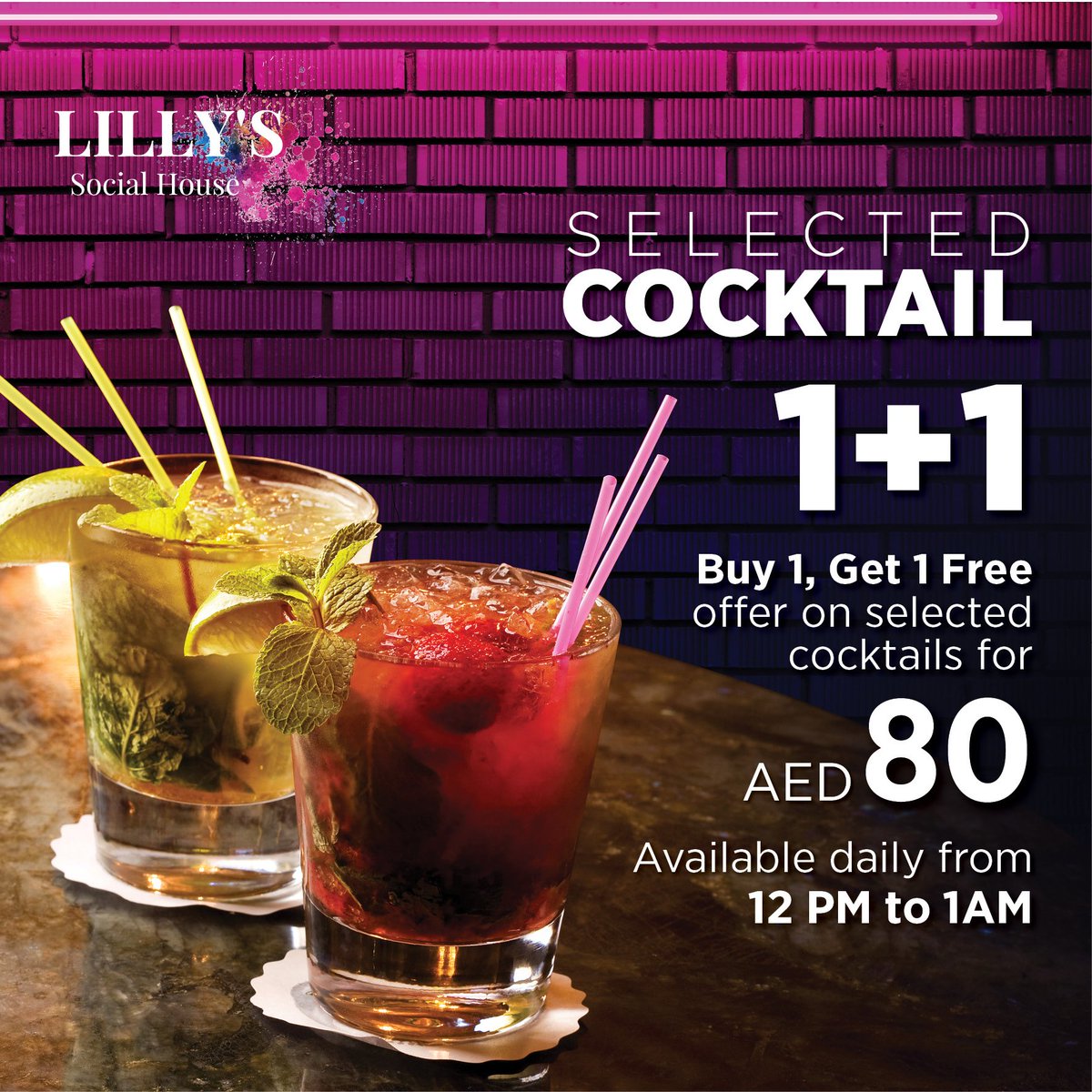 CentralHotelsAE's tweet photo. Come over with all your friends or colleagues and enjoy our Buy 1, Get 1 Free offer on selected cocktails at Lilly’s Social House for only AED 80.
Available daily 12pm – 1am
For reservations, please call: +971 4 873 2100 or email: fnbcanal@central-hotels.com #CanalCentralAE https://t.co/uyYWb4qVFZ