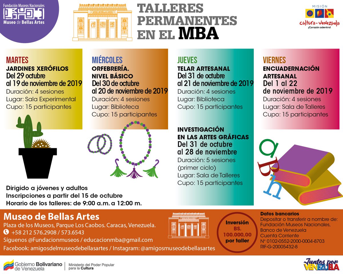 A partir del #15Oct estos serán los talleres permanentes que el #MBA tiene dirigido a jovenes y adultos.
#FMN #TalleresFormativos