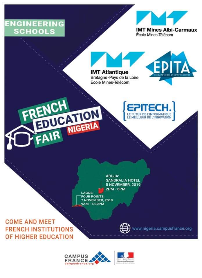 CampusFranceNg's tweet photo. Meet these top French Engineering schools @EPITA @Epitech @IMTAtlantique @IMTMinesAlbi at the 2019 French Education Fair on the 5th November at Sandralia Hotel Abuja and the 7th November at the Four Points Sheraton Lagos.
Don't miss it. Entry is Free ! https://t.co/oBrknLs18Y