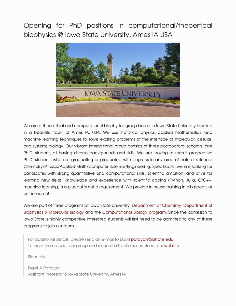 Dear friends!

We are looking for Ph.D. students to join us in tackling exciting biophysics problems :) We have several positions with full financial support starting Fall, 2020. Please help spread the news and put me in touch with any candidates you may know. Thank you.