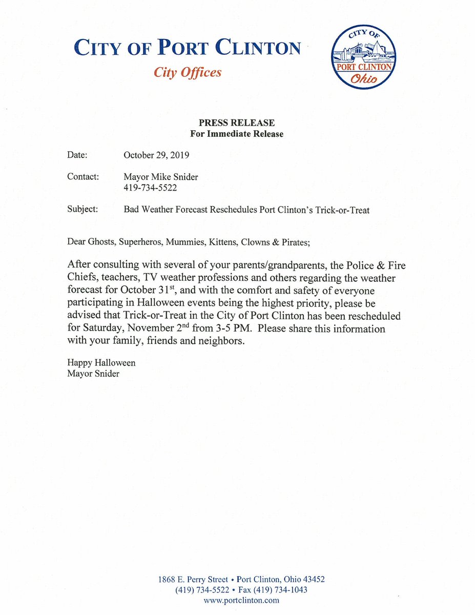 Date and time change for city's Trick or Treat! Please help us spread the word! #portclintonoh