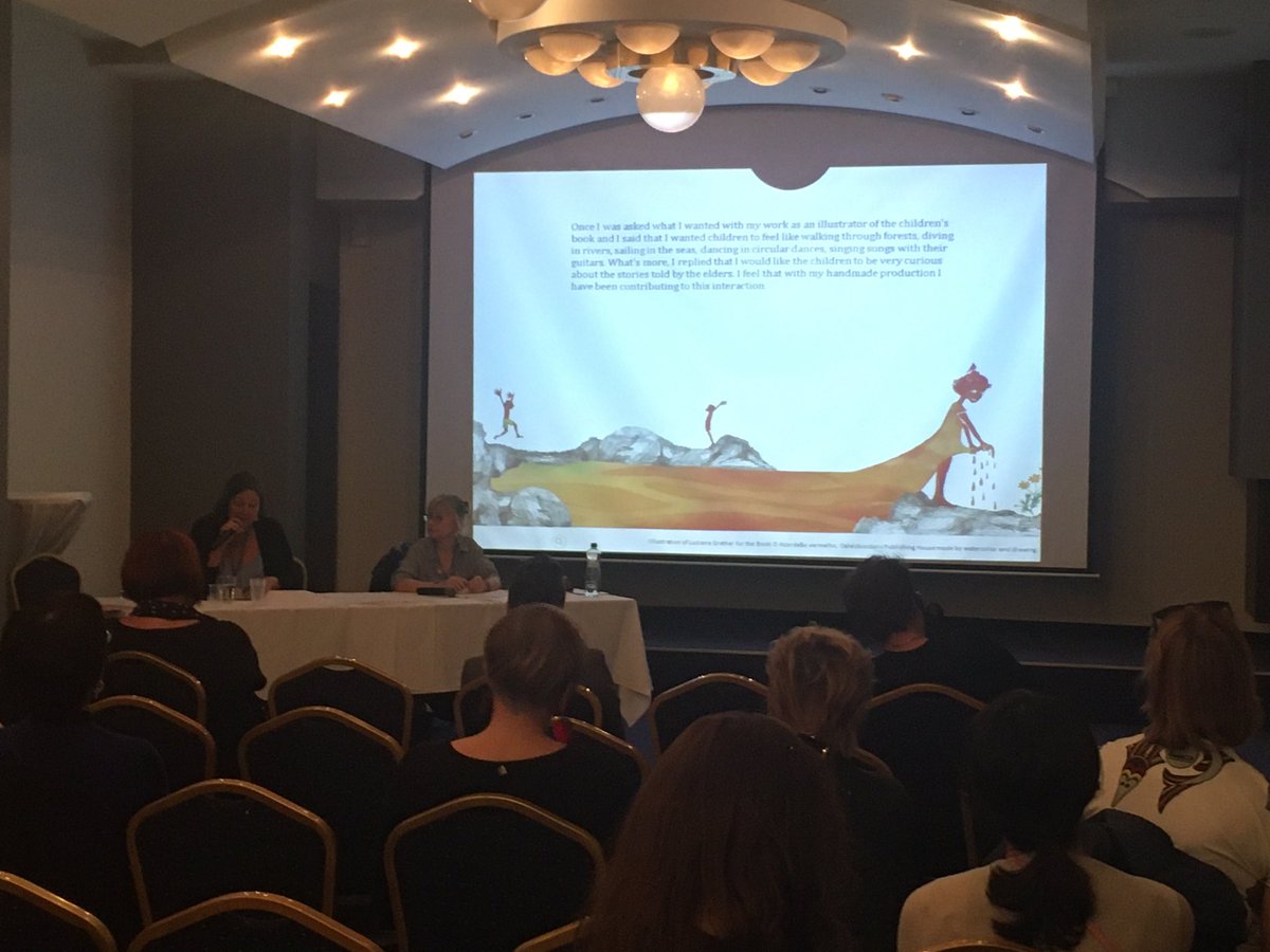 DixPam's tweet photo. 2 day seminar programme runs alongside opening of BIB in Bratislava - theme digital and original in illustration. Listening to #lucianagrether BIB entrant from Brazil talking about gesture and the openness of non-digital @IBBYUK https://t.co/ZLKvH39x9u