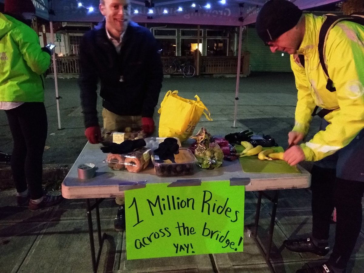 It's 7 am and we're celebrating a million rides across the Fremont/Ballard bridge with commuters!!