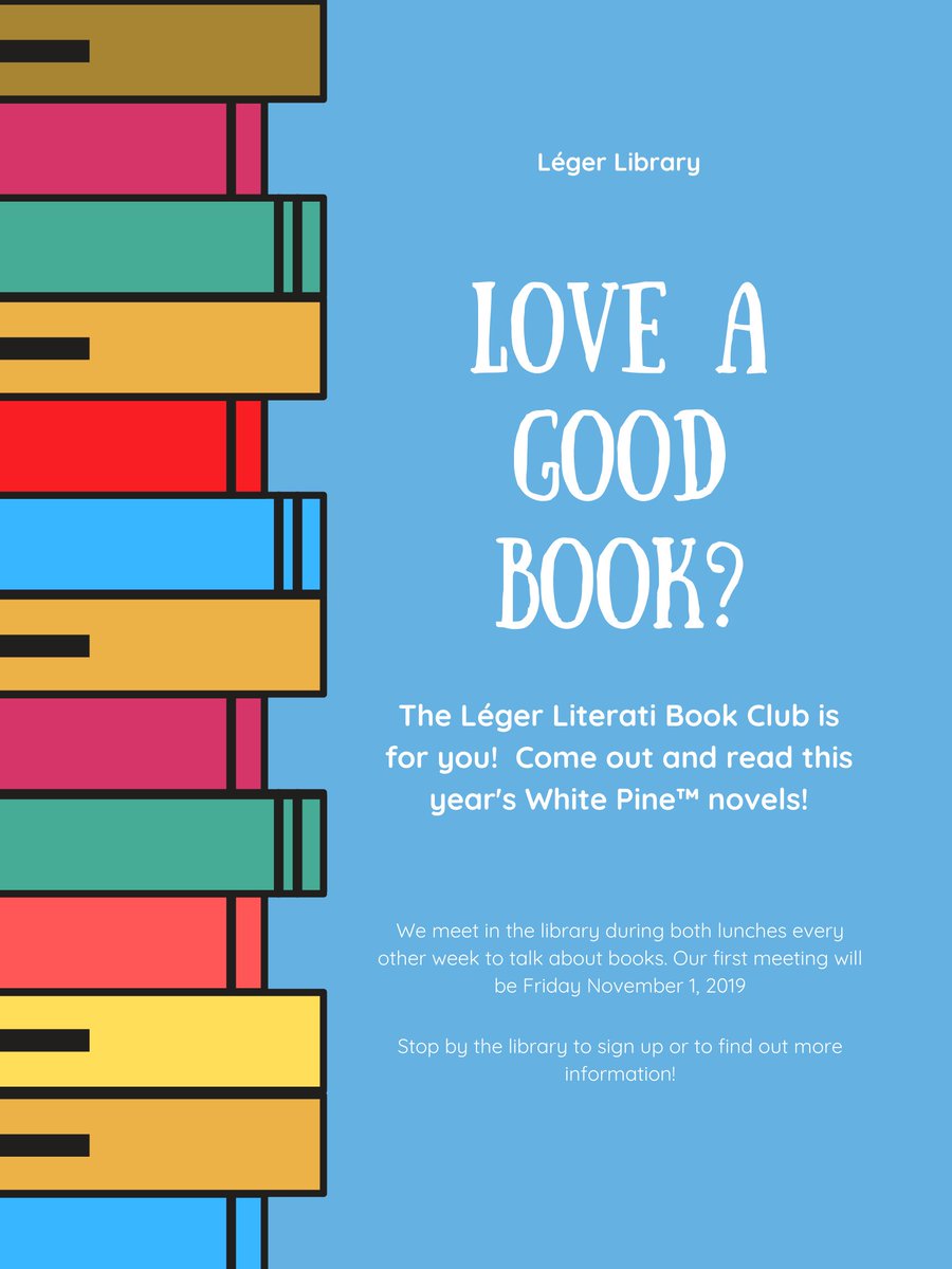 mctavish_h's tweet image. @CardinalLegerSS Our first Léger Literati Book Club meeting will be this Friday, November 1st, during both lunches in the library. Be sure to stop by our info booth in the Great Hall today during lunch or come by Friday :) #legerliterati #lancerlearning