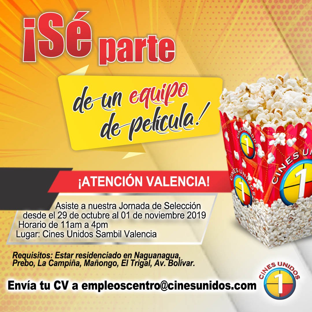 CinesUnidos's tweet photo. 🎬 ¡ATENCIÓN VALENCIA! Buscamos ampliar nuestro equipo de trabajo
Si eres valenciano, mayor de edad y bachiller: ASISTE a nuestras JORNADAS DE EMPLEO en nuestra sede de #SambilValencia o envíanos tu currículum al correo en la imagen
#CinesUnidos #Empleo #Valencia https://t.co/gcsXPdmLim