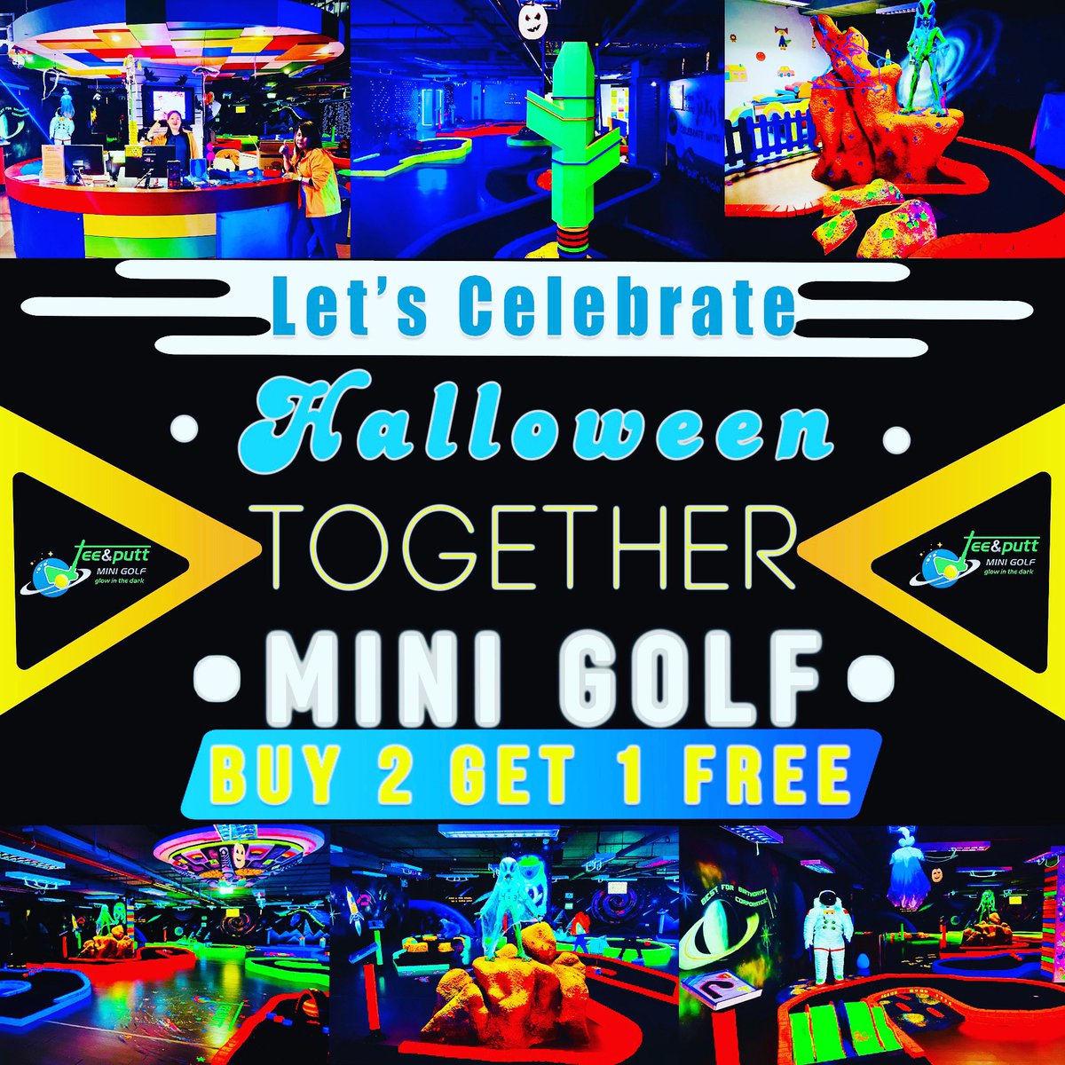MiniGolfDubai's tweet photo. Are you ready for #halloween week?Join us at #teeandputt #minigolf and glow in the dark this Halloween 🎃

#fun #entertainment #weekends #festivals #deals #minigolfdubai #minigolfabudhabi #teambuildingevents #events #birthdayvenues #celebration #funplace #golf #golfing https://t.co/nmxy2C7Z0d
