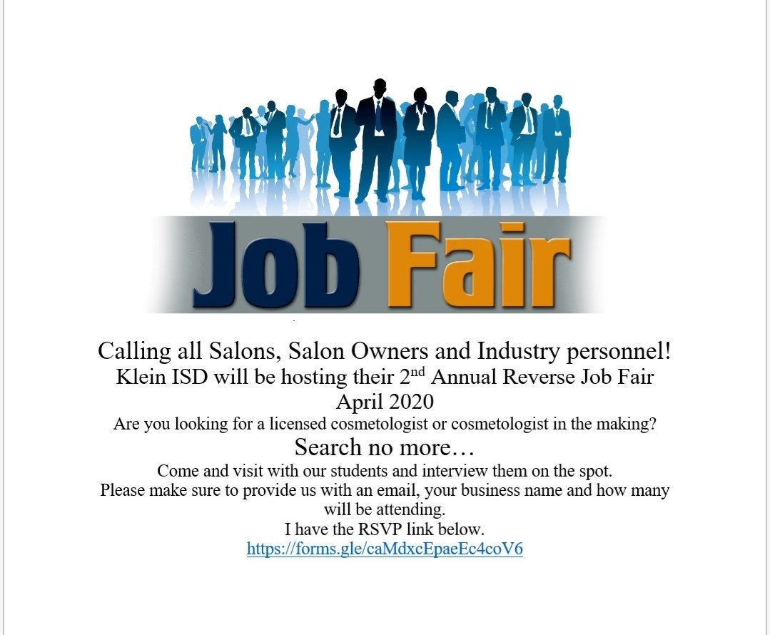 @KleinISD
 2nd Annual Cosmetology Reverse Job Fair! RT @M_SalonHouston @SevaBeautySalon @texasjazzygirls @Blowdrybarhtown @BlowDryBar @SweetSassyFan @188MensSalonTX @TGFHairSalon @HairSalonAllure @tuneupsalon @TuneSalon @boardroom_salon @VintageSalons @DeluxeNails_Spa