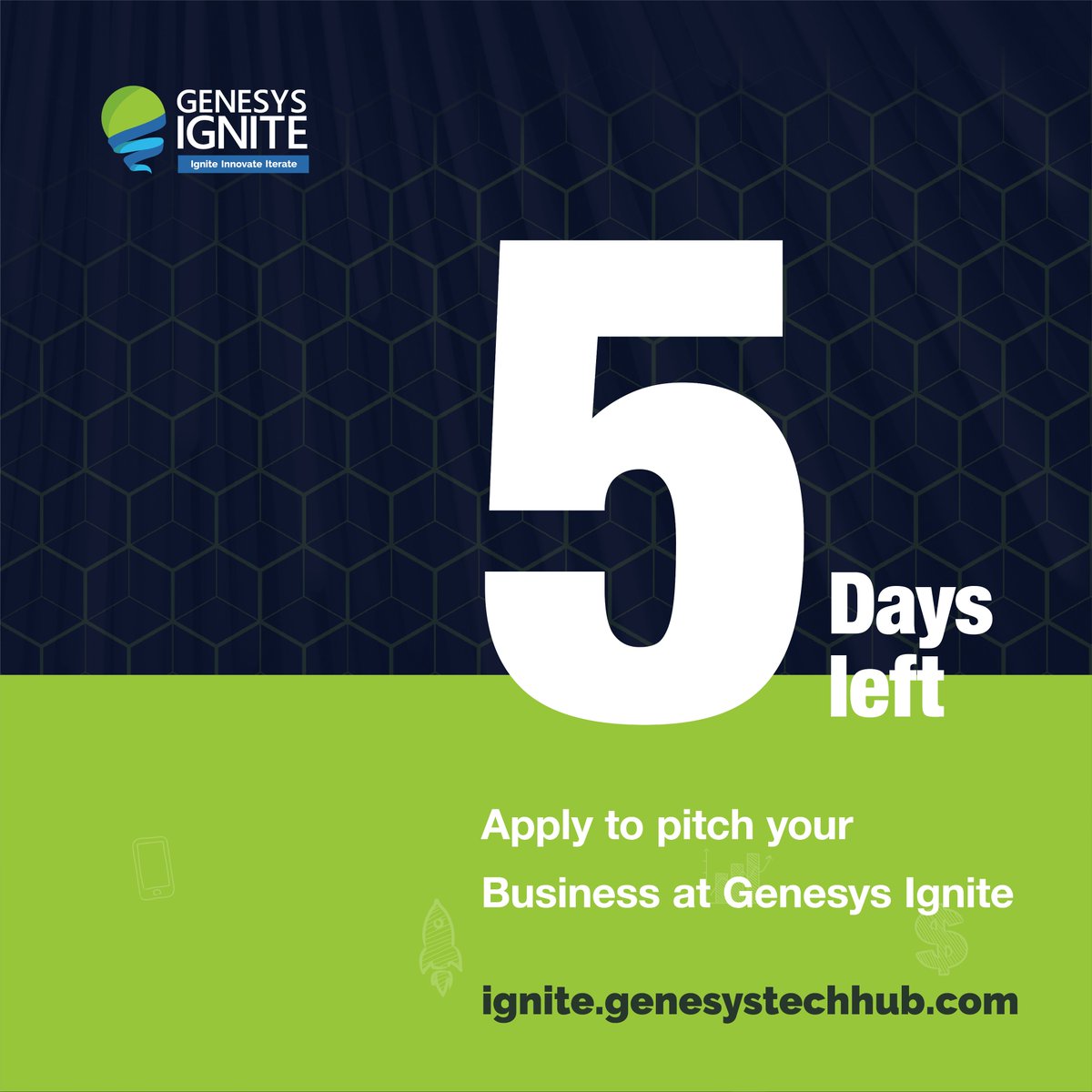 genesystechhub's tweet photo. In exactly five days, the application for the Genesys Ignite Seed Fund will close!!!
Visit https://t.co/G9oCPb7TGn to secure up to 30,000 USD in seed funding!
#weAreGenesys #genesysIGNITE https://t.co/4VQp7JMmmJ