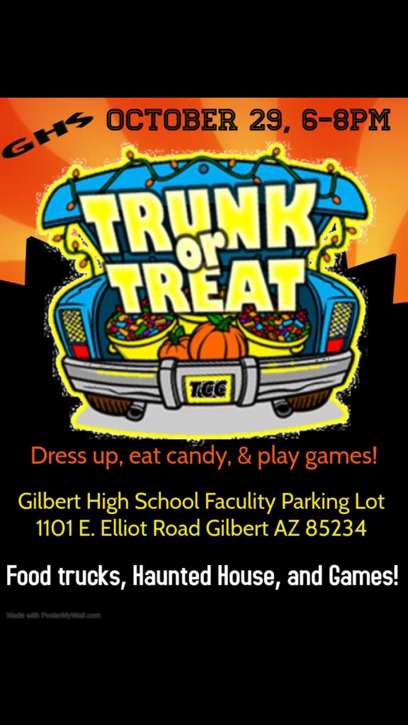 GilbertStuCo's tweet photo. Tonight at 6 PM is the 2nd Annual Trunk or Treat at GHS! This event will be in the faculty parking lot and there will be food trucks, games and candy! 🚨This event is for the children in the community of Gilbert🚨 https://t.co/CmZaImMEBm