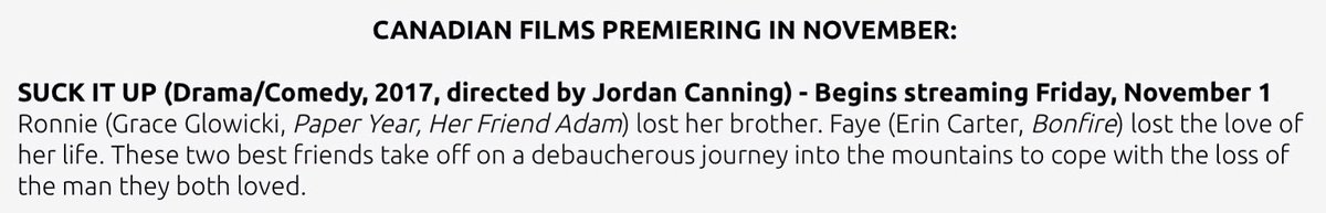 KKellyNF's tweet photo. Newfoundland film fans, take note. @suckitupmovie by NL's @halfgamut will be added to @CBC Gem on November 1st. @SJIWFF @CBC_Publicity https://t.co/C4DvY7kmVp