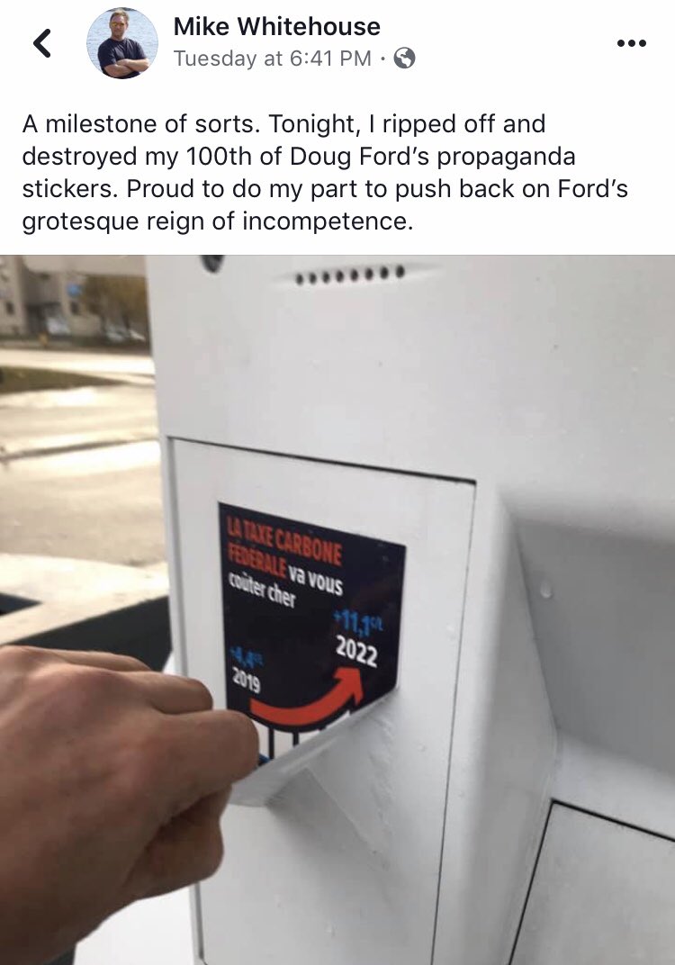 This appears to be what Energy Minister Rickford was referring to when said during question period that Ford’s anti-carbon tax stickers were being ripped down by liberal staffers. This Facebook post is from the Chief of Staff for Sudbury MP Paul Lefebvre. #onpoli