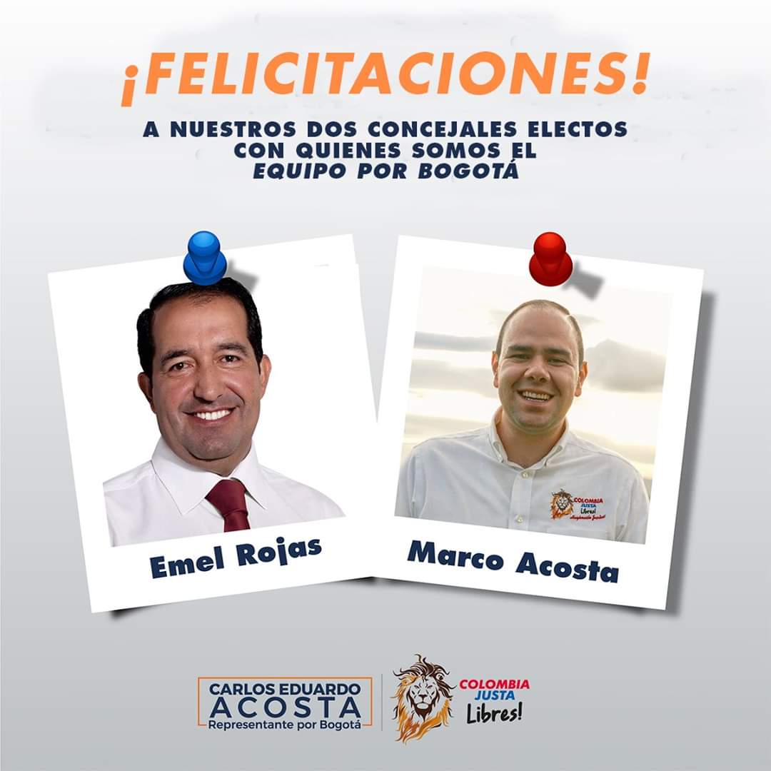 CarlosAcostaCJL's tweet photo. Agradecemos a Dios y a nuestros votantes, por nuestros dos concejales electos en Bogotá. Nuestros equipos en Corferias, siguen trabajando por la recuperación de nuestros votos en las localidades... ¡Felicitaciones @EmelRojasC y @MarcoAcostaR! https://t.co/YxDnNot0rx