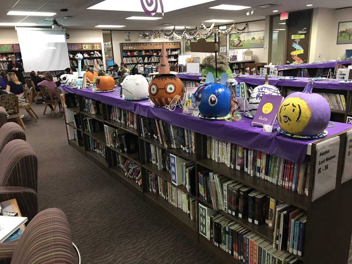 SFE_3820's tweet photo. Book character pumpkins are starting to arrive in @SFE_Library #stoutfieldgood #thinkreadcreate https://t.co/XhUz2gdpqO