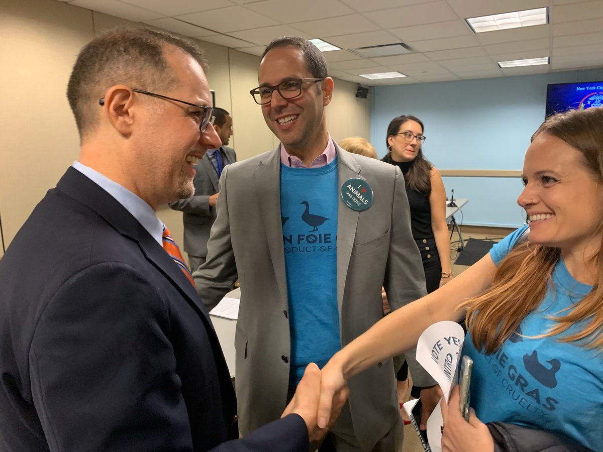 MarkLevineNYC's tweet photo. It's official: @NYCCouncil health cmmte passes, by vote of 6-0, sweeping package of bills to advance animal welfare in NYC, including: ban on foie gras, heat protections for carriage horses, mandated vaccines for shelter animals, stronger mandates to report animal abuse &amp; more. https://t.co/H3w6ZQdkss