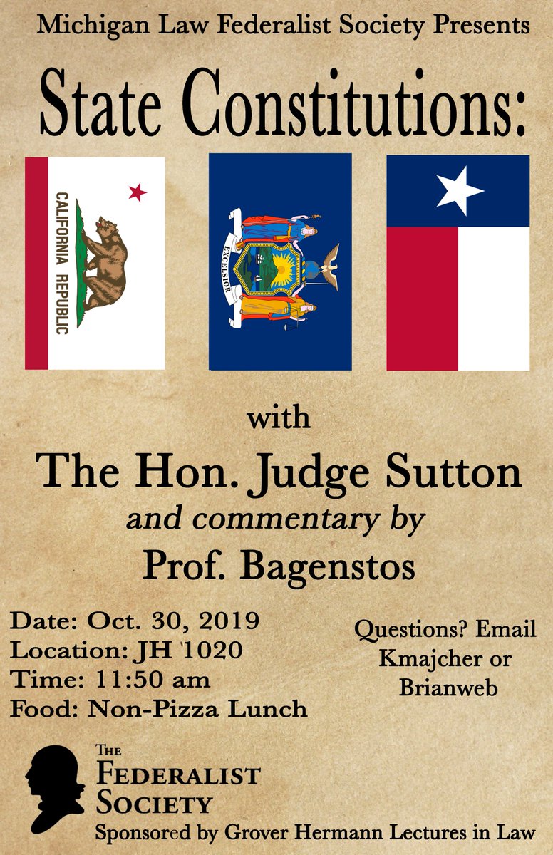 Join us for lunch this week with Judge Sutton of the 6th Circuit talking about his book 51 Imperfect Solutions: States and the Making of American Constitutional Law. 

Date: Wednesday 10/30
Time: 11:50AM
Location: JH 1020
Food: Mediterranean Oasis