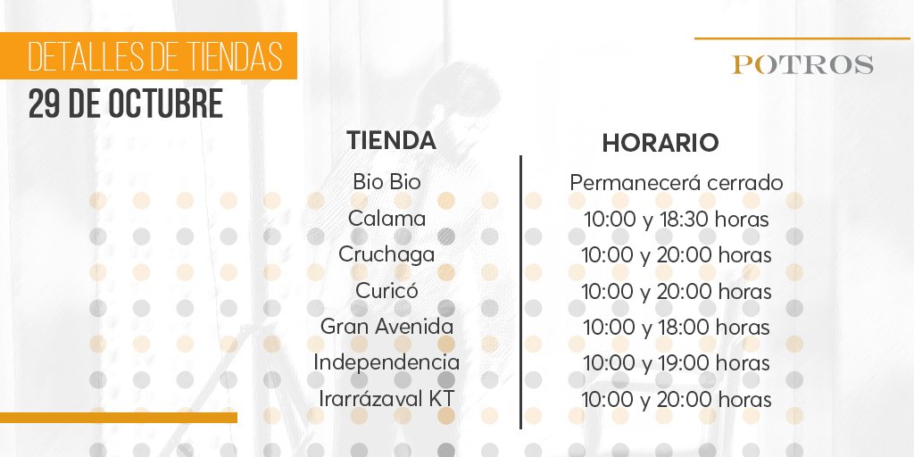 tiendas_potros's tweet photo. Actualizamos la información de los horarios de las tiendas #Potros para hoy 29 de Octubre. https://t.co/W7GBtzdYp7